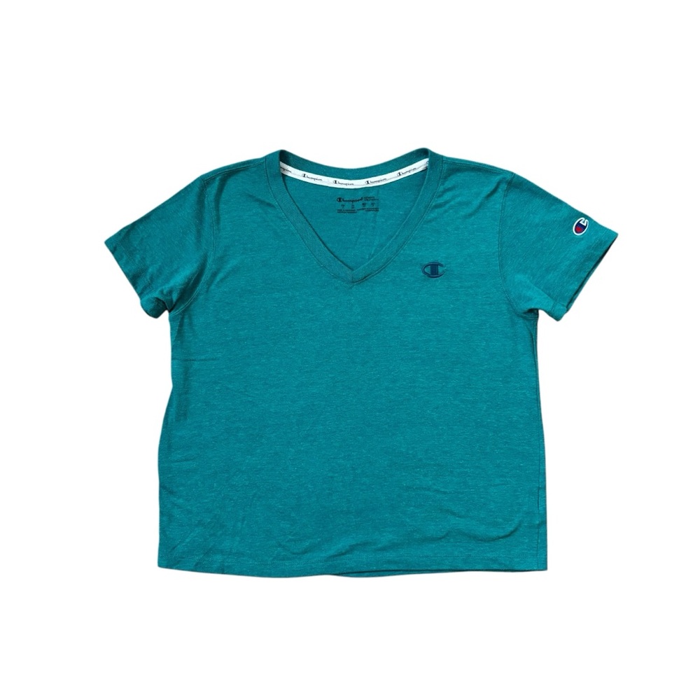 Champion short sleeve v-neck cropped tee shirt heather teal size small